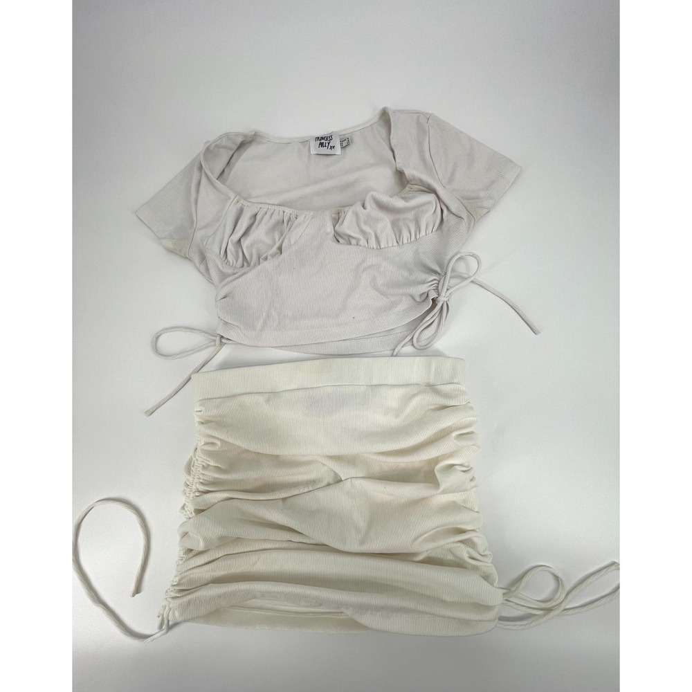 Princess Polly Crop Top & Mini Skirt Set Womens 10 White Ribbed Ruched Rayon